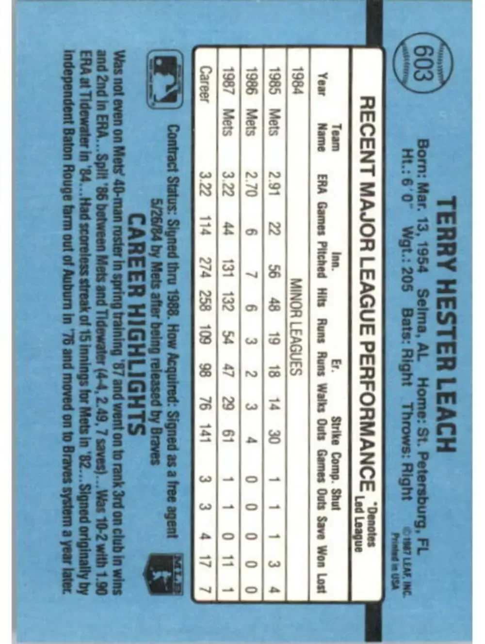 1988 Terry Leach Donruss Baseball Card #603